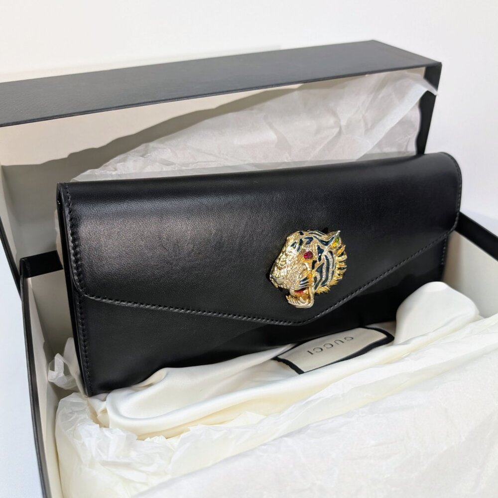Gucci Black Rajah Broadway Smooth Leather Jeweled Tiger Head Clutch - Picture 2 of 15